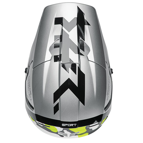 Studio view of Thor - Reflex Sport Riot MIPS Helmet helmet helmet, in Gray and Acid, vented chin bar and intake ports, on a clean white background, (SKU 011087) Colors: Black and White, Gray and Acid Sizes: 2XL, LG, MD, SM, XL, XS