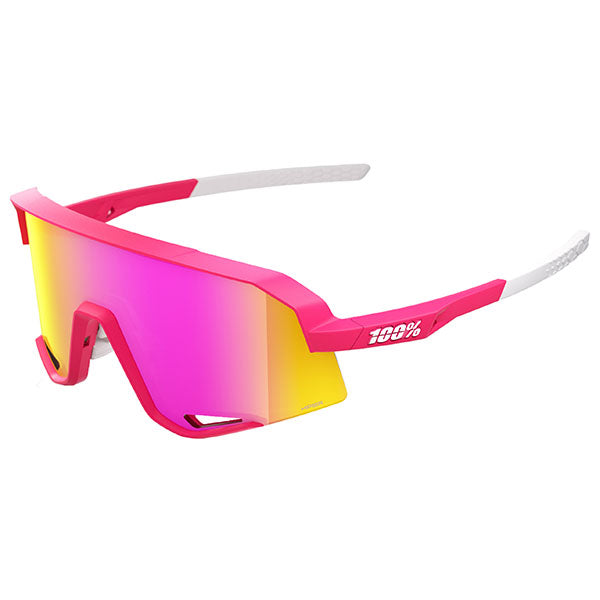 Studio product photo on a neutral background of 100%, Slendale Sunglasses, SKU 5930305200, color options Gloss Carbon Fiber w/ Hiper Crimson Silver Mirror Lens, Satin Pitaya w/ Hiper Vital Pink Mirror Lens, Polished Translucent Grey w/ Purple Multilayer Mirror Lens, Matte White w/ Hiper Red Multilayer Mirror Lens, Matte Black w/ Hiper Blue Multilayer Mirror Lens, Matte Black w/ Smoke Lens
