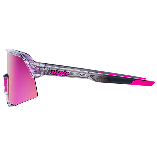 Detailed studio photograph of 100%, S3 Sunglasses, SKU 5909223200, color options Polished Translucent Grey w/ Purple Multilayer Mirror Lens, Soft Tact Black w/ Soft Gold Mirror Lens, Polished Translucent Lavender w/ Hiper Lavender Mirror Lens