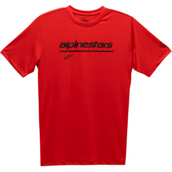 Clean studio shot of Alpinestars Tech Line Up Performance T-Shirt; showing tee fit, printed graphics, and crew neckline; SKU 3030203; Sizes: M-2XL