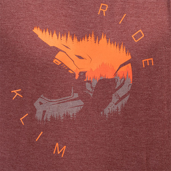 Professional studio photo of Klim Ride Tri-Blend Tee; showing tee fit, printed graphics, and crew neckline; SKU 3689-000-120-272; Sizes: S-3XL
