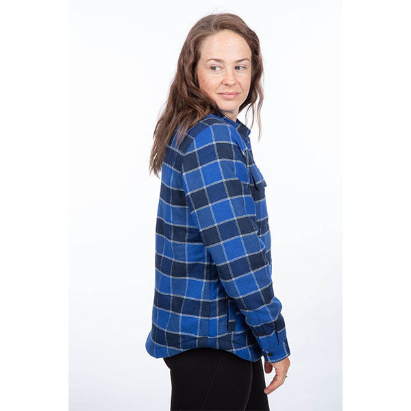 Professional studio photo of Klim; showing flannel shirt fit, button front, and plaid pattern; SKU 3593-000-140-244