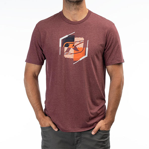 Professional studio photo of Klim K Shield Crest Tri-Blend Tee; showing tee fit, printed graphics, and crew neckline; SKU 3692-000-120-203; Sizes: S-3XL
