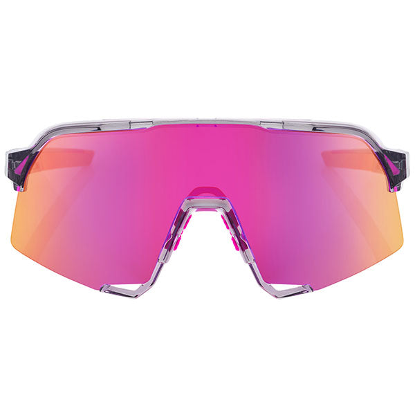 High-resolution studio image of 100%, S3 Sunglasses, SKU 5909530200, color options Polished Translucent Grey w/ Purple Multilayer Mirror Lens, Soft Tact Black w/ Soft Gold Mirror Lens, Polished Translucent Lavender w/ Hiper Lavender Mirror Lens