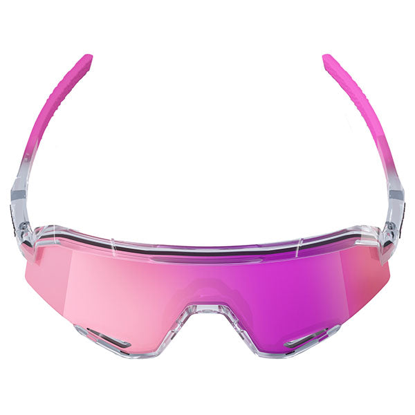 Studio image on a white background of 100%, Slendale Sunglasses, color options Gloss Carbon Fiber w/ Hiper Crimson Silver Mirror Lens, Satin Pitaya w/ Hiper Vital Pink Mirror Lens, Polished Translucent Grey w/ Purple Multilayer Mirror Lens, Matte White w/ Hiper Red Multilayer Mirror Lens, Matte Black w/ Hiper Blue Multilayer Mirror Lens, Matte Black w/ Smoke Lens