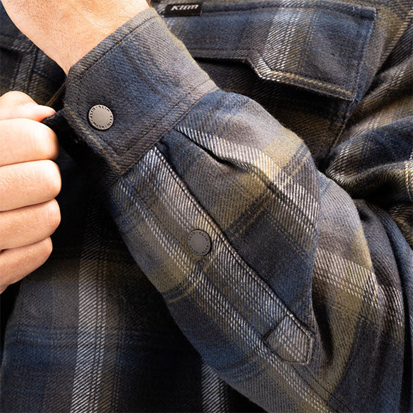 Studio photo on a white background of Klim; showing flannel shirt fit, button front, and plaid pattern; SKU 3629-000-140-005