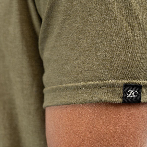 High-resolution studio image of Klim K Shield Crest Tri-Blend Tee; showing tee fit, printed graphics, and crew neckline; SKU 3692-000-120-203