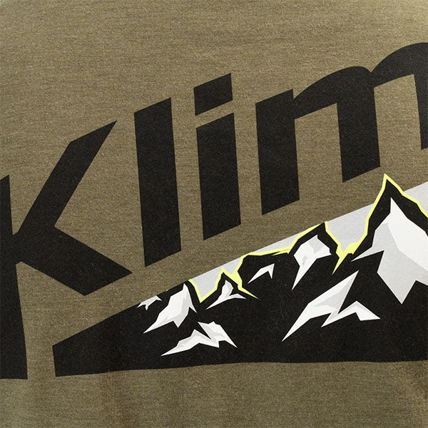 Professional studio photo of Klim Mountain Peak Tri-Blend Tee; showing tee fit, printed graphics, and crew neckline; SKU 3691-000-120-281; Sizes: S-3XL