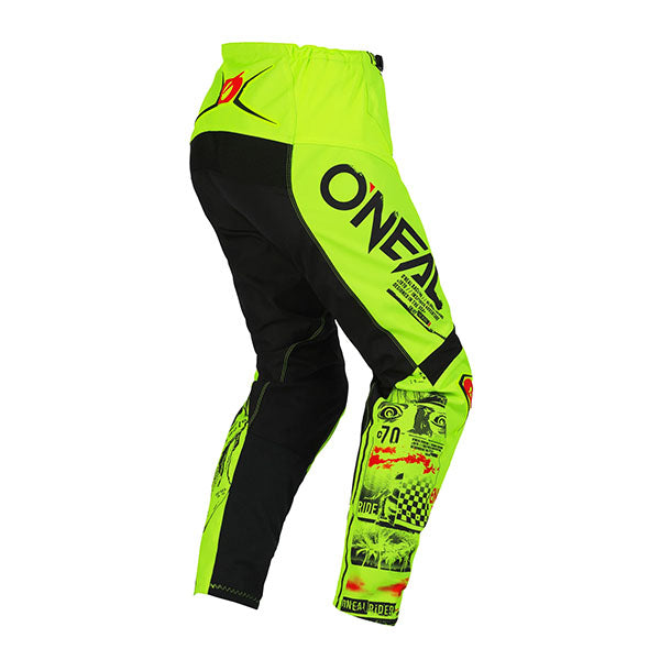 Studio product photo on a neutral background of O'Neal, Element Attack V.23 Pants, SKU E022-4230, color options Black/Neon, sizes 28–42
