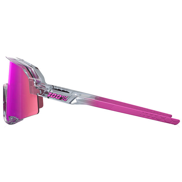 Studio image highlighting 100%, Slendale Sunglasses, color options Gloss Carbon Fiber w/ Hiper Crimson Silver Mirror Lens, Satin Pitaya w/ Hiper Vital Pink Mirror Lens, Polished Translucent Grey w/ Purple Multilayer Mirror Lens, Matte White w/ Hiper Red Multilayer Mirror Lens, Matte Black w/ Hiper Blue Multilayer Mirror Lens, Matte Black w/ Smoke Lens