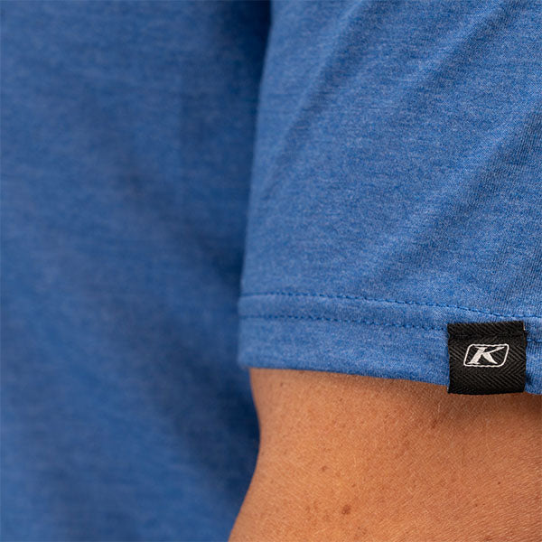 Crisp studio image on a white background of Klim Ride Tri-Blend Tee; showing tee fit, printed graphics, and crew neckline; SKU 3689-000-120-272