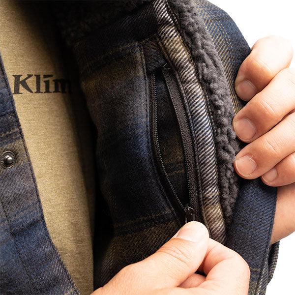 High-resolution studio image of Klim Bridger Fleece Lined Flannel Shirt; showing flannel shirt fit, button front, and plaid pattern; SKU 3629-000-120-256
