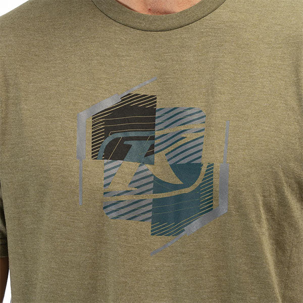 Studio photo on a white background of Klim K Shield Crest Tri-Blend Tee; showing tee fit, printed graphics, and crew neckline; SKU 3692-000-120-203