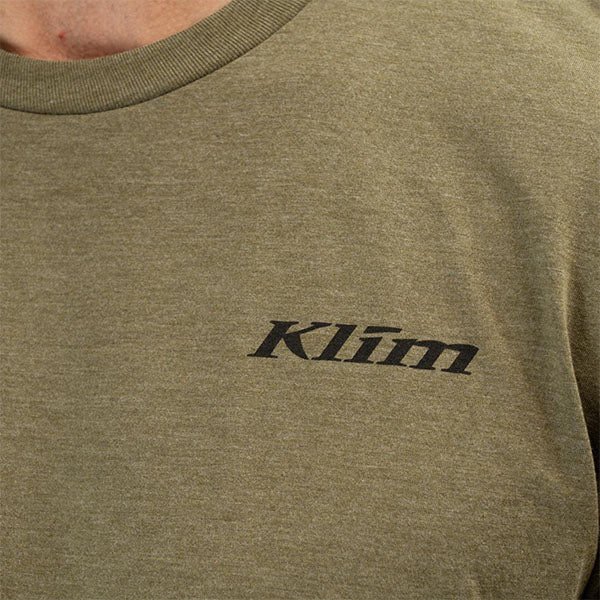 Crisp studio image on a white background of Klim Mountain Peak Tri-Blend Tee; showing tee fit, printed graphics, and crew neckline; SKU 3691-000-120-281