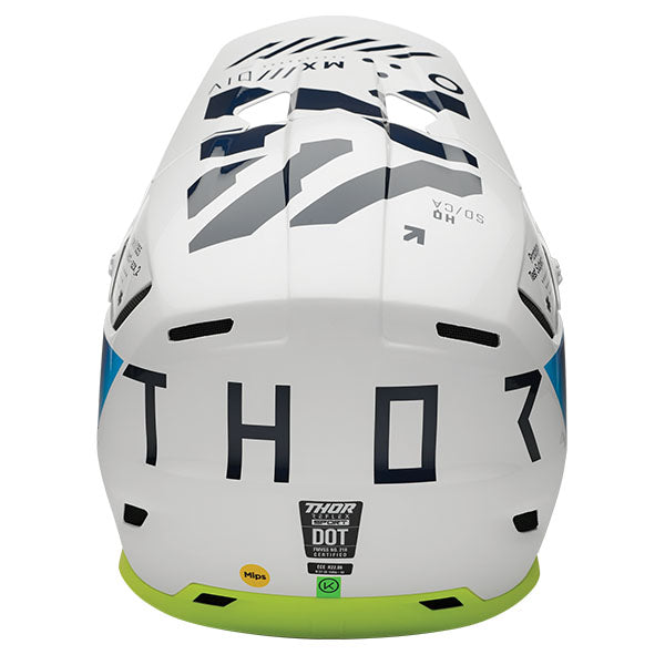 Studio view of Thor - Reflex Sport Strike MIPS Helmet helmet helmet, in Navy and Acid, vented chin bar and intake ports, on a clean white background, (SKU 011087) Colors: Black and Red, Navy and Acid Sizes: 2XL, LG, MD, SM, XL, XS