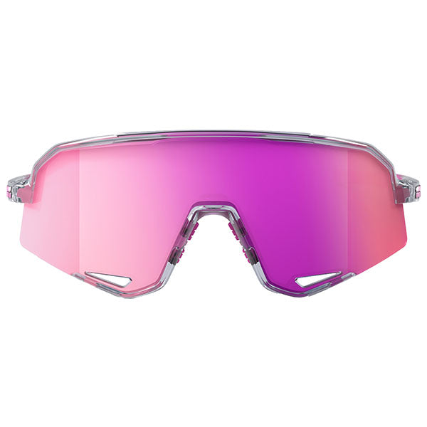 Studio image on a white background of 100%, Slendale Sunglasses, color options Gloss Carbon Fiber w/ Hiper Crimson Silver Mirror Lens, Satin Pitaya w/ Hiper Vital Pink Mirror Lens, Polished Translucent Grey w/ Purple Multilayer Mirror Lens, Matte White w/ Hiper Red Multilayer Mirror Lens, Matte Black w/ Hiper Blue Multilayer Mirror Lens, Matte Black w/ Smoke Lens