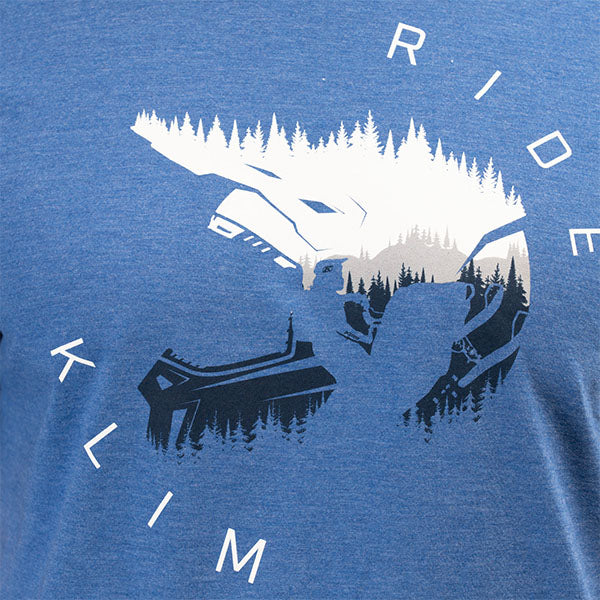 Professional studio photo of Klim Ride Tri-Blend Tee; showing tee fit, printed graphics, and crew neckline; SKU 3689-000-120-272; Sizes: S-3XL