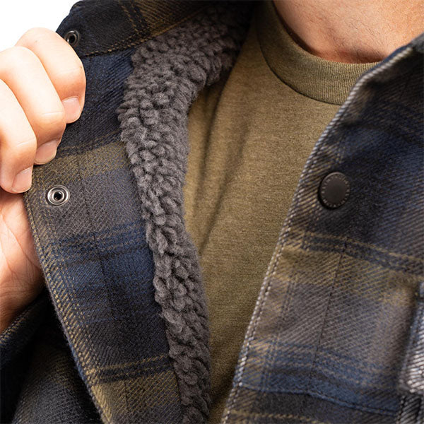 Clean studio shot of Klim Bridger Fleece Lined Flannel Shirt; showing flannel shirt fit, button front, and plaid pattern; SKU 3629-000-120-256