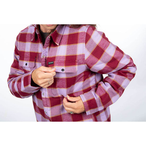 Professional studio photo of Klim; showing flannel shirt fit, button front, and plaid pattern; SKU 3593-000-130-786