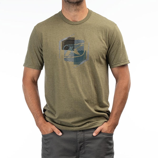 Crisp studio image on a white background of Klim K Shield Crest Tri-Blend Tee; showing tee fit, printed graphics, and crew neckline; SKU 3692-000-120-203