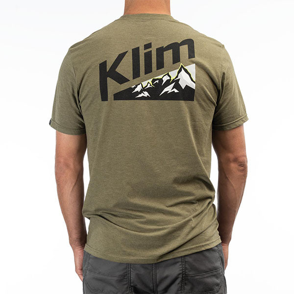 Studio photo on a white background of Klim Mountain Peak Tri-Blend Tee; showing tee fit, printed graphics, and crew neckline; SKU 3691-000-120-281