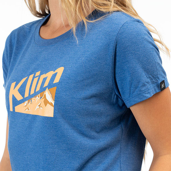 High-resolution studio image of Klim Mountain Peak Tri-Blend Tee (Womens); showing tee fit, printed graphics, and crew neckline; SKU 3565-000-110-275