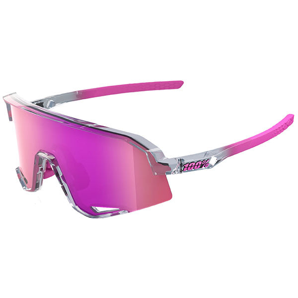 Studio photo of 100%, Slendale Sunglasses, color options Gloss Carbon Fiber w/ Hiper Crimson Silver Mirror Lens, Satin Pitaya w/ Hiper Vital Pink Mirror Lens, Polished Translucent Grey w/ Purple Multilayer Mirror Lens, Matte White w/ Hiper Red Multilayer Mirror Lens, Matte Black w/ Hiper Blue Multilayer Mirror Lens, Matte Black w/ Smoke Lens