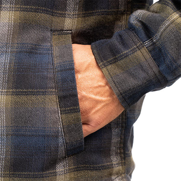 Professional studio photo of Klim Bridger Fleece Lined Flannel Shirt; showing flannel shirt fit, button front, and plaid pattern; SKU 3629-000-120-256