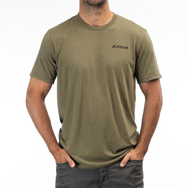 Clean studio shot of Klim Mountain Peak Tri-Blend Tee; showing tee fit, printed graphics, and crew neckline; SKU 3691-000-120-281; Sizes: S-3XL
