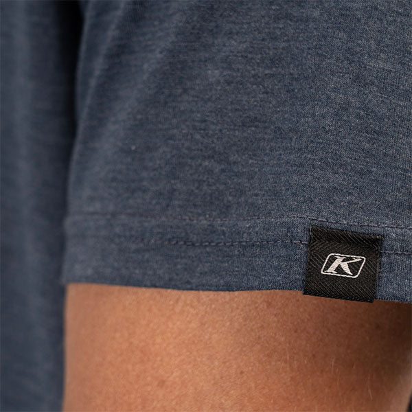 Professional studio photo of Klim Mountain Peak Tri-Blend Tee; showing tee fit, printed graphics, and crew neckline; SKU 3691-000-120-281; Sizes: S-3XL