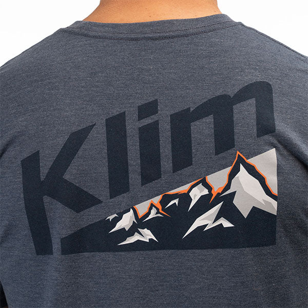 Clean studio shot of Klim Mountain Peak Tri-Blend Tee; showing tee fit, printed graphics, and crew neckline; SKU 3691-000-120-281; Sizes: S-3XL