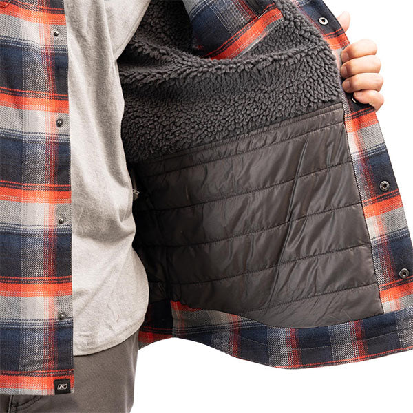 Crisp studio image on a white background of Klim; showing flannel shirt fit, button front, and plaid pattern; SKU 3629-000-130-123