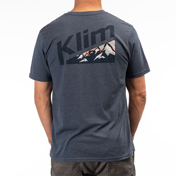 Studio photo on a white background of Klim Mountain Peak Tri-Blend Tee; showing tee fit, printed graphics, and crew neckline; SKU 3691-000-120-281