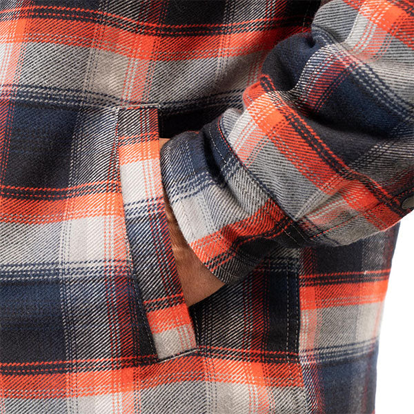 Clean studio shot of Klim Bridger Fleece Lined Flannel Shirt; showing flannel shirt fit, button front, and plaid pattern; SKU 3629-000-120-256