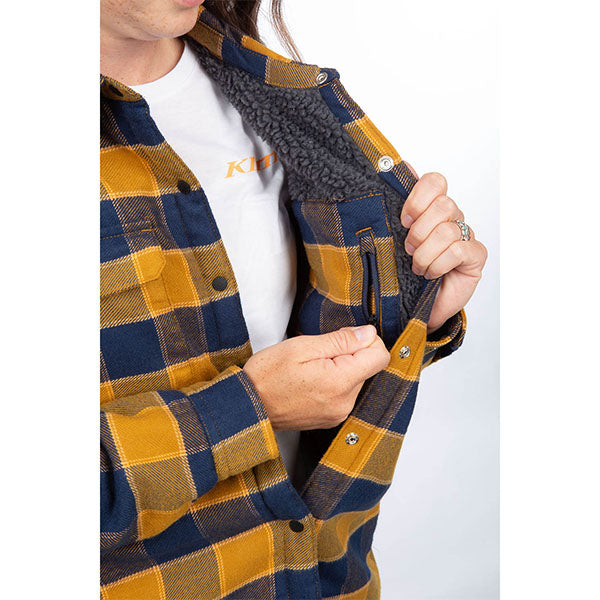 Studio photo on a white background of Klim; showing flannel shirt fit, button front, and plaid pattern; SKU 3593-000-150-917