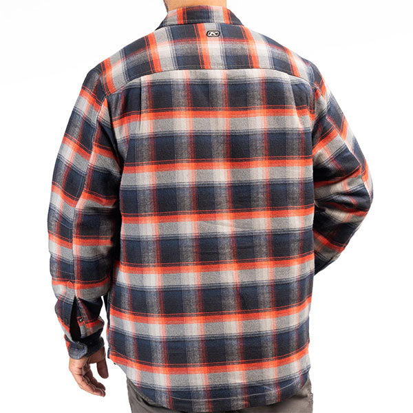 Professional studio photo of Klim Bridger Fleece Lined Flannel Shirt; showing flannel shirt fit, button front, and plaid pattern; SKU 3629-000-120-256