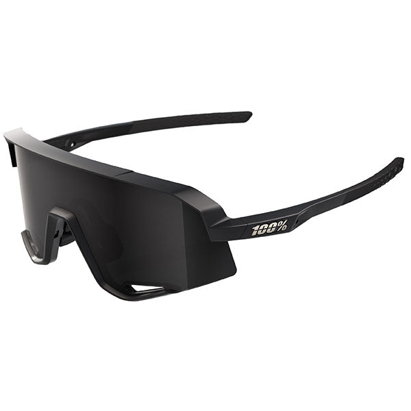 Detailed studio photograph of 100%, Slendale Sunglasses, color options Gloss Carbon Fiber w/ Hiper Crimson Silver Mirror Lens, Satin Pitaya w/ Hiper Vital Pink Mirror Lens, Polished Translucent Grey w/ Purple Multilayer Mirror Lens, Matte White w/ Hiper Red Multilayer Mirror Lens, Matte Black w/ Hiper Blue Multilayer Mirror Lens, Matte Black w/ Smoke Lens