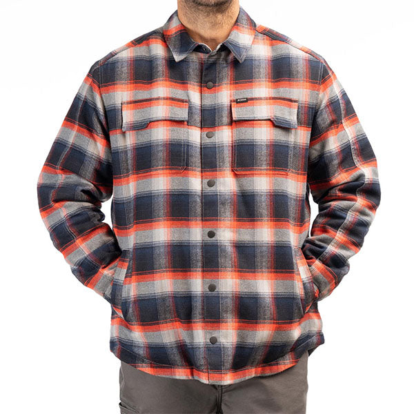 Crisp studio image on a white background of Klim; showing flannel shirt fit, button front, and plaid pattern; SKU 3629-000-120-005
