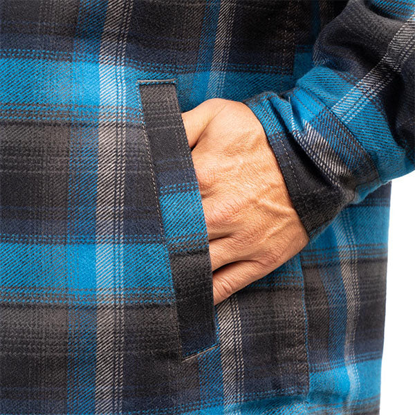 Clean studio shot of Klim Bridger Fleece Lined Flannel Shirt; showing flannel shirt fit, button front, and plaid pattern; SKU 3629-000-120-256