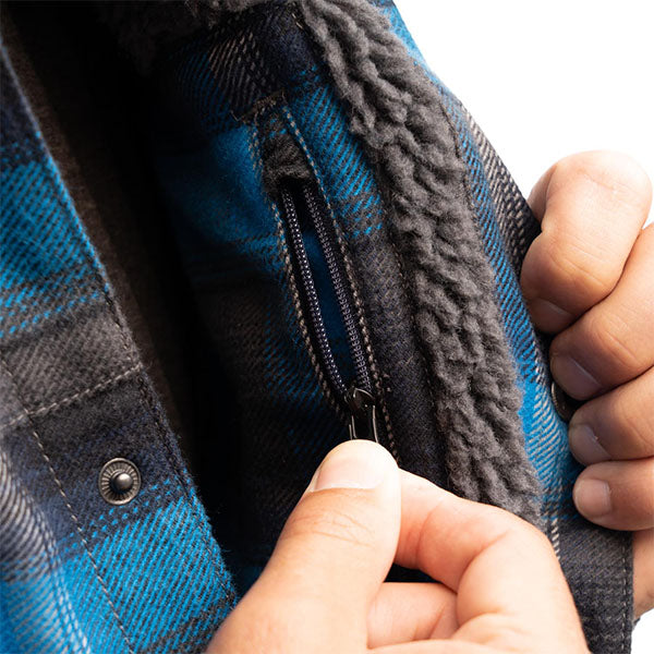 Studio photo on a white background of Klim; showing flannel shirt fit, button front, and plaid pattern; SKU 3629-000-160-256