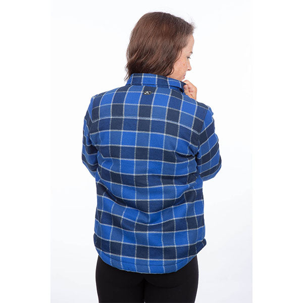 Studio photo on a white background of Klim; showing flannel shirt fit, button front, and plaid pattern; SKU 3593-000-110-786