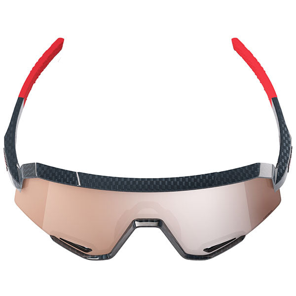 High-resolution studio image of 100%, Slendale Sunglasses, SKU 5903113200, color options Gloss Carbon Fiber w/ Hiper Crimson Silver Mirror Lens, Satin Pitaya w/ Hiper Vital Pink Mirror Lens, Polished Translucent Grey w/ Purple Multilayer Mirror Lens, Matte White w/ Hiper Red Multilayer Mirror Lens, Matte Black w/ Hiper Blue Multilayer Mirror Lens, Matte Black w/ Smoke Lens