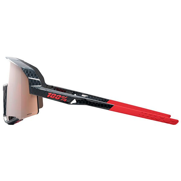 Studio product photo on a neutral background of 100%, Slendale Sunglasses, SKU 5930309100, color options Gloss Carbon Fiber w/ Hiper Crimson Silver Mirror Lens, Satin Pitaya w/ Hiper Vital Pink Mirror Lens, Polished Translucent Grey w/ Purple Multilayer Mirror Lens, Matte White w/ Hiper Red Multilayer Mirror Lens, Matte Black w/ Hiper Blue Multilayer Mirror Lens, Matte Black w/ Smoke Lens