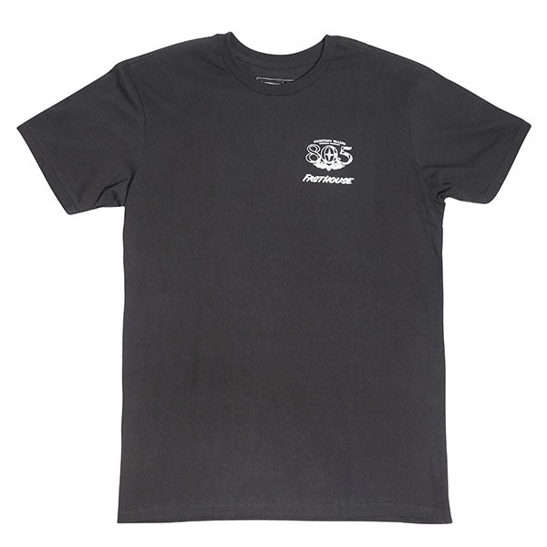 Crisp studio image on a white background of Fasthouse 805 Luster Tee; showing tee fit, printed graphics, and crew neckline; SKU 3610250504; Sizes: S-3XL