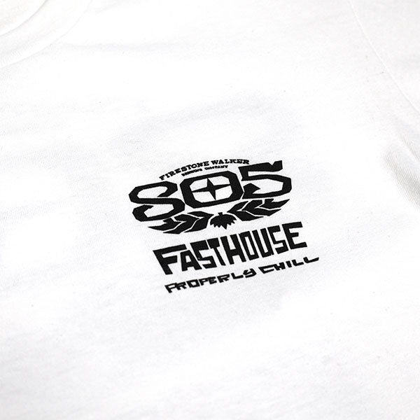Clean studio shot of Fasthouse 805 Gravel Tee; showing tee fit, printed graphics, and crew neckline; SKU 3610260504; Colors: Black, White; Sizes: S-3XL