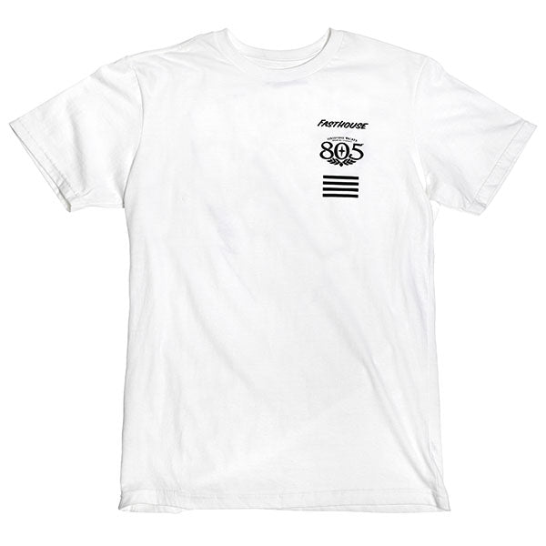 Professional studio photo of Fasthouse 805 Crew Time Tee; showing tee fit, printed graphics, and crew neckline; SKU 3610270504; Colors: Black, White