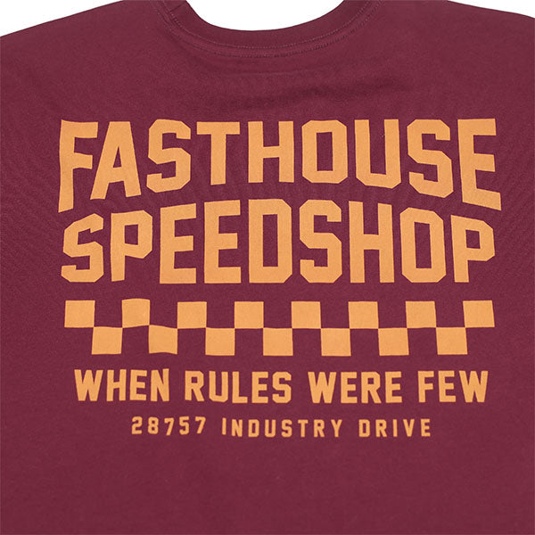 High-resolution studio image of Fasthouse Chalet Tee; showing tee fit, printed graphics, and crew neckline; SKU 3296240104; Colors: Maroon, Black