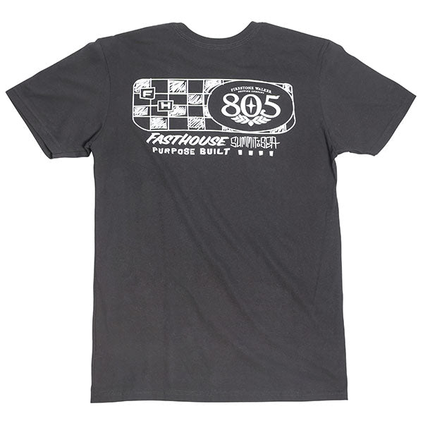 Studio photo on a white background of Fasthouse 805 Purpose Tee; showing tee fit, printed graphics, and crew neckline; SKU 3610230504; Sizes: S-3XL