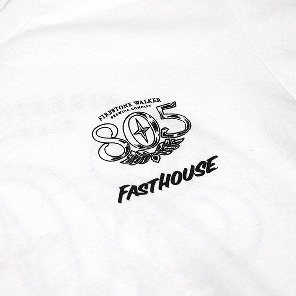 High-resolution studio image of Fasthouse 805 Luster Tee; showing tee fit, printed graphics, and crew neckline; SKU 3610250504; Colors: Black, White