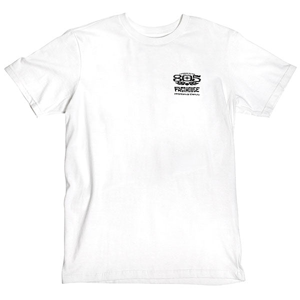 Clean studio shot of Fasthouse 805 Gravel Tee; showing tee fit, printed graphics, and crew neckline; SKU 3610260504; Colors: Black, White; Sizes: S-3XL